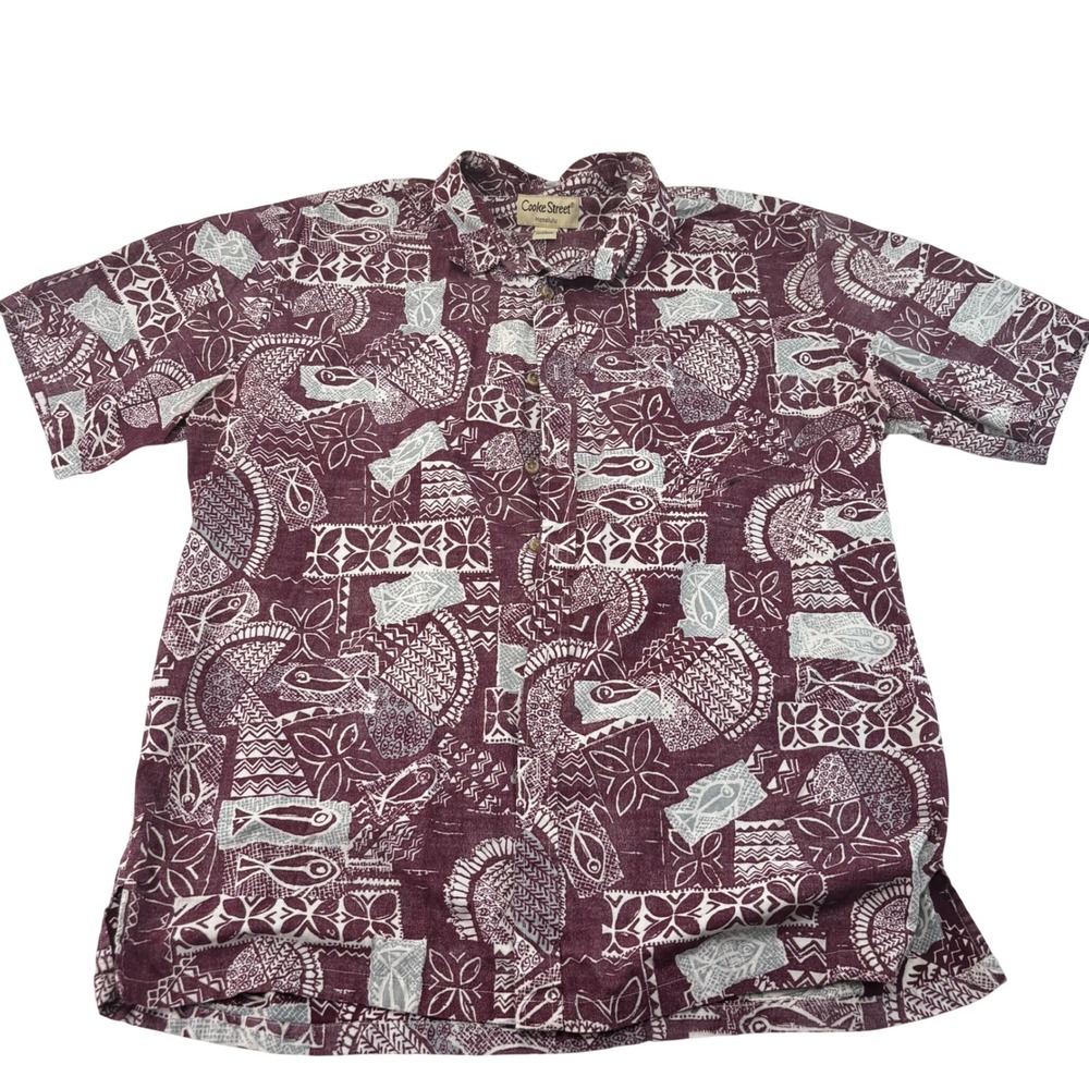 Cooke Street Honolulu Mens XL Maroon Geometric Fish Print Cotton Aloha Shirt
